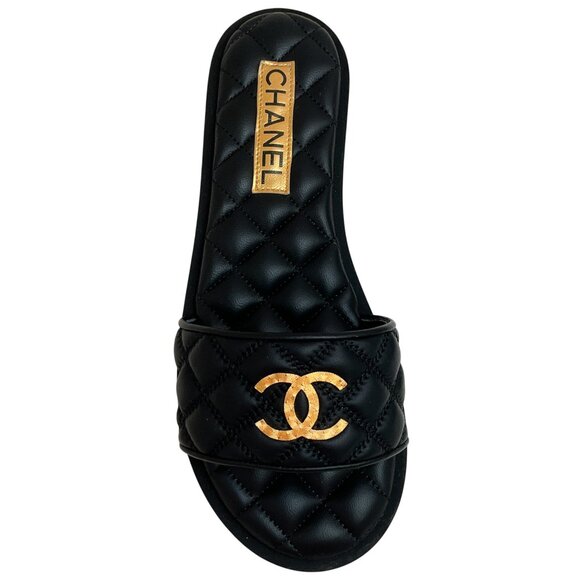 Chanel 2025 Black Quilted Leather Slide Sandals with Gold Logo - Picture 4 of 7